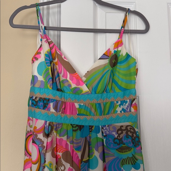 Trina Turk 100% Silk Colorful Maxi Dress Adjustable Spaghetti Straps Lined Flaw - Picture 4 of 17